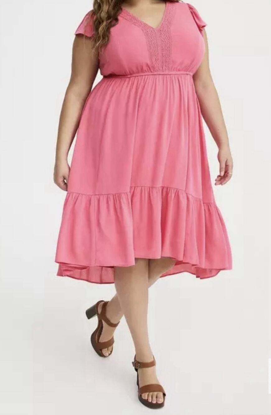 NEW Torrid Pink Lace Ruffle Sleeves Midi Dress w Pockets Lined Size 1 NWOT 1X